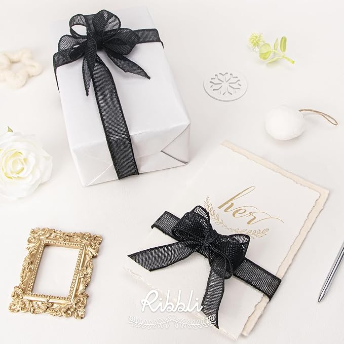 Ribbli Black Burlap Wired Ribbon, 1” Inch x Continuous 20 Yard, Black Wired Ribbon for Wreaths,Big Bows,Tree Decoration,Outdoor Decoration