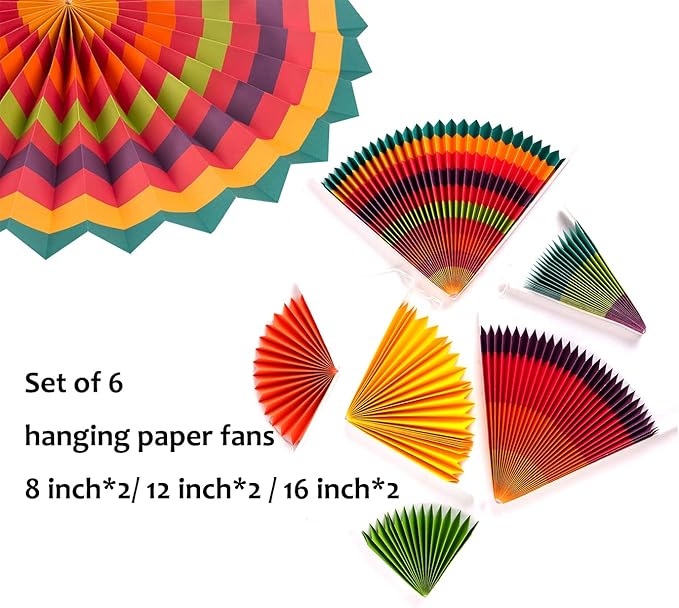 SUNBEAUTY Pack of 6 Hanging Paper Fans Party Carnival Circus Round Pattern Paper Garlands Decoration for Birthday Baby Shower Graduation Summer Party