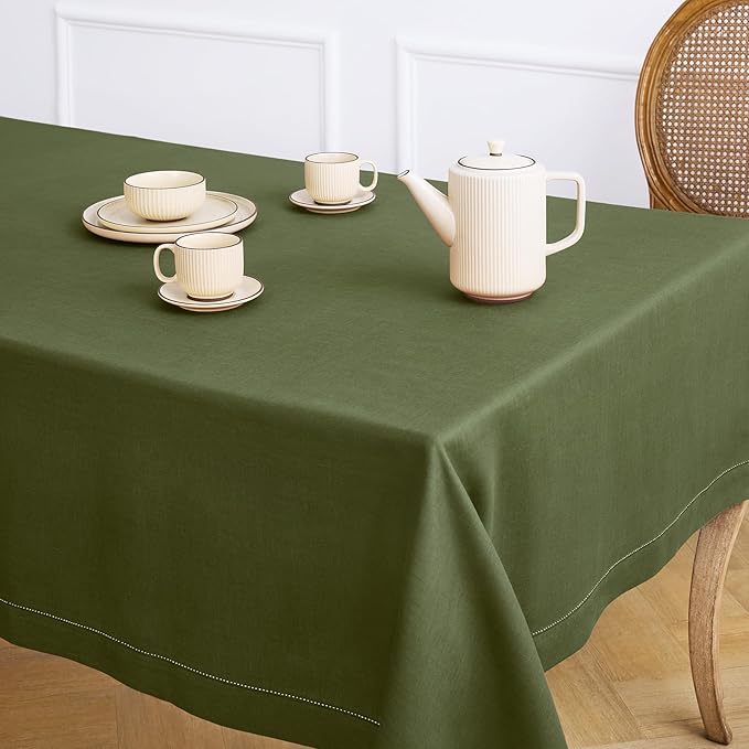 Solino Home Olive Linen Tablecloth 60 x 120 Inch - 100% Pure Linen Hemstitch Table Cloth for Rectangle Tables - Classic Hemstitch, Machine Washable Tablecloth for Fall, Autumn, Thanksgiving