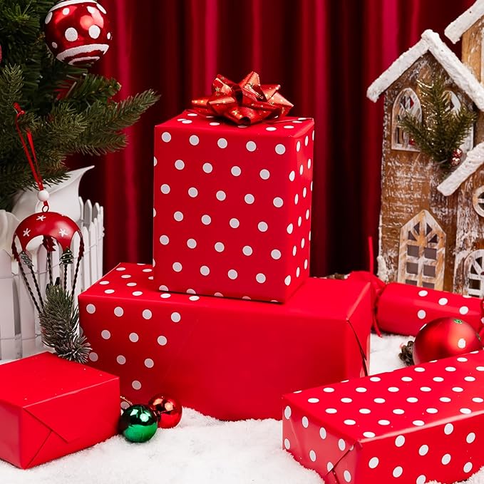 Flyhill Red Wrapping Paper,Reversible Gift Wrap Paper with Polka Dot Design for Girls,Birthday,Valentine's Day,Mother's Day(17 Inch X 32.8 Feet)