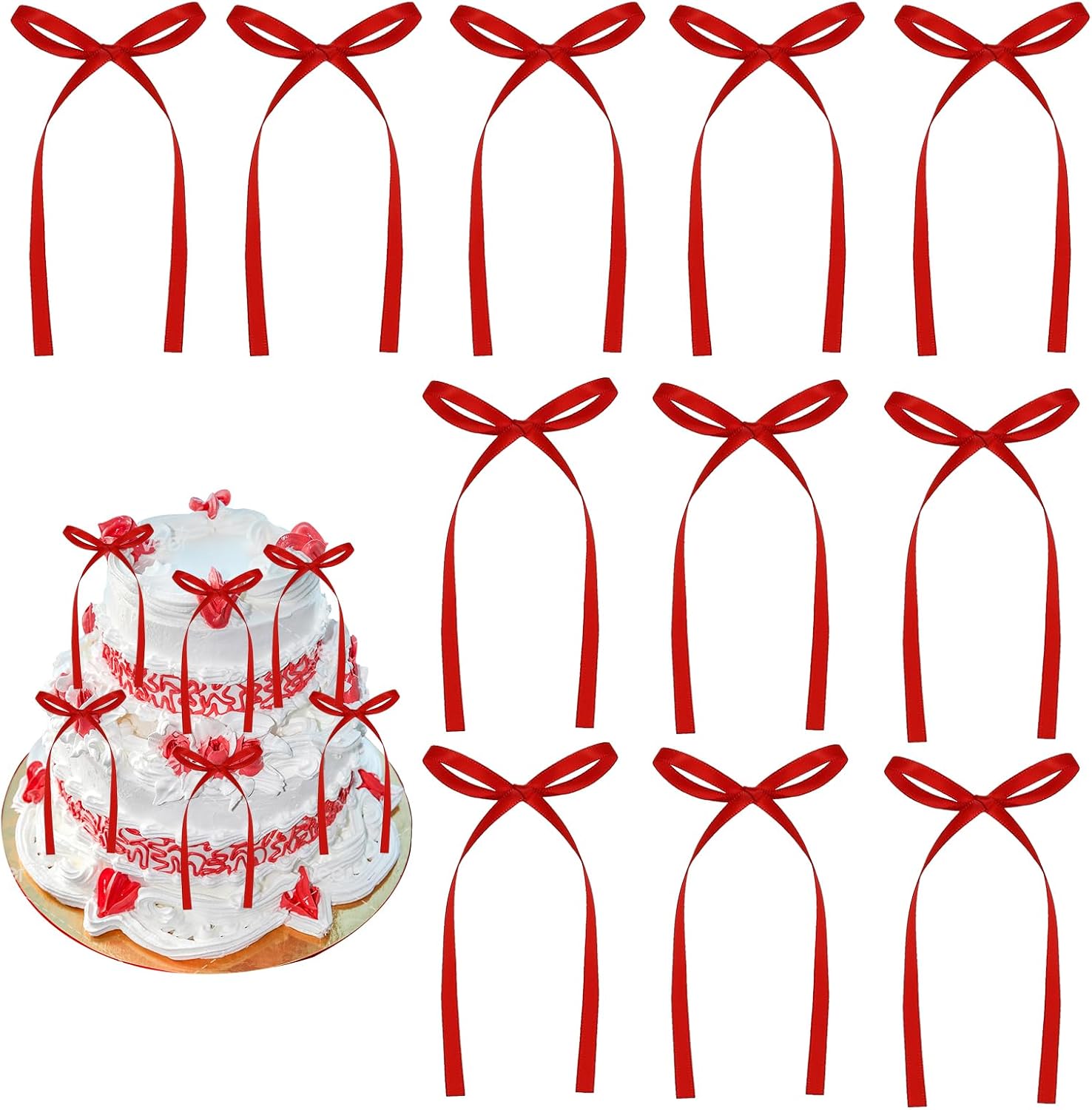 30Pcs Bow Cake Toppers Ribbon Bows for Cake Red Bow Ribbons for Coquette Themed Bow Decorations for Bachelorette Graduation Party,Cupcake Baby Shower Birthday Wedding Father's Day Party Supplies