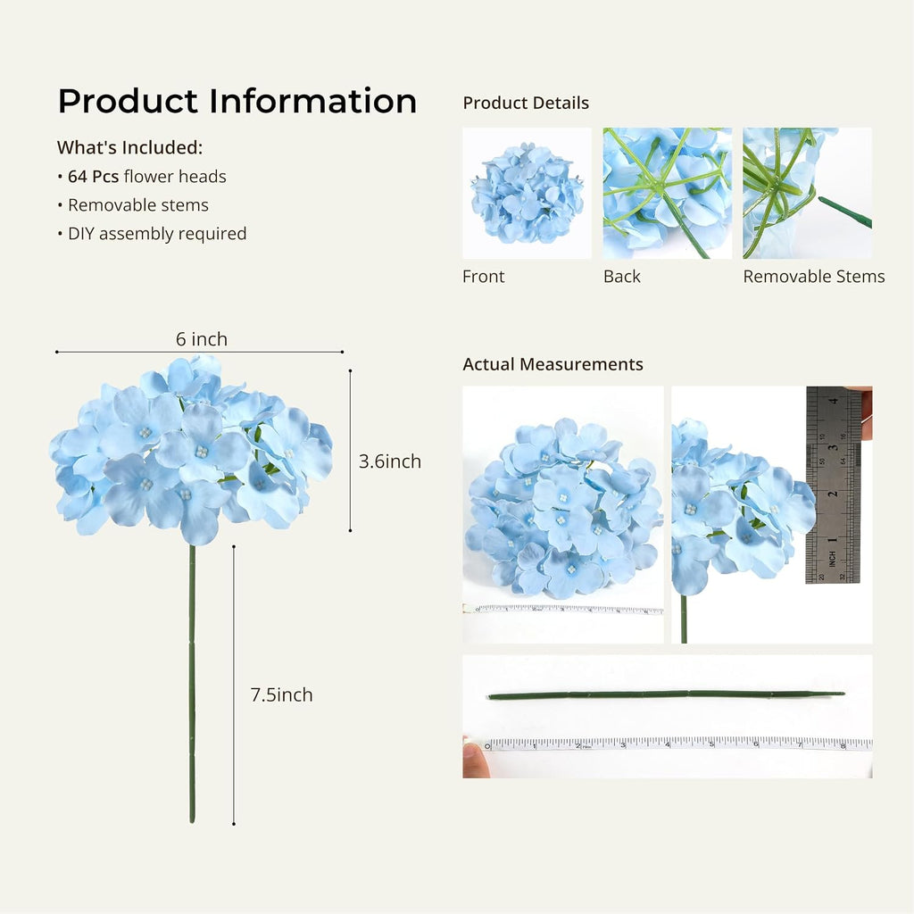 auihiay 64pcs blue hydrangea artificial flowers, silk hydrangeas, close-up detail
