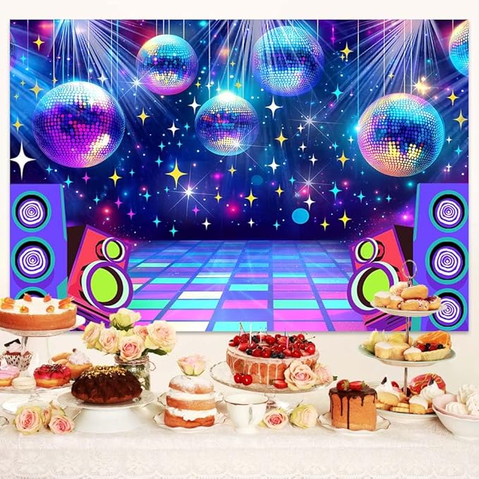 Dance Party Backdrop Retro 80s 90s Theme Stage Dance Ball Music Birthday Party Decoration DJ Photography Background 5 x 3 ft for Baby Shower Picture Photo Shoot Polyester Fabric,Multi1