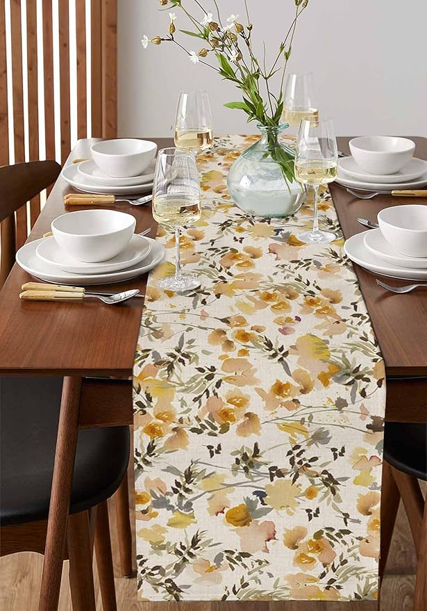 Vintage Orange Flower Cotton Linen Table Runner for Dining Kitchen, Wedding Outdoor Party Tablerunners Decoration, Farmhouse Botanical Floral Retro Dresser Scarf Coffee Tablecloth Runners 13x48 Inches