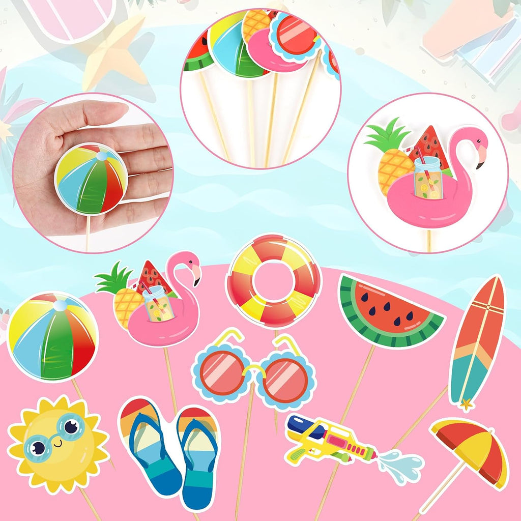 100 Pcs Summer Beach Cupcake Toppers for Kids Tropical Beach Pool Swimming Hawaii Theme Cake Insert Decorations for Summer Birthday Baby Shower Wedding Party Supplies