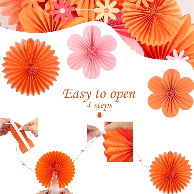 SUNBEAUTY Paper Fans Decorations Pink and Orange Party Decorations Flower Party Decorations Classroom Decoration Paper Floral Backdrop Decor Flower Wall Decor with Daisies,Set of 9