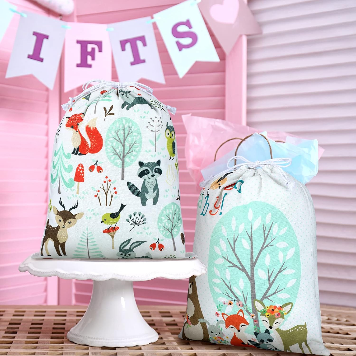 Shappy 2 Pcs Drawstring Fabric Gift Bags, Woodland Animal Reusable Gift Wrap, 15.75 x 11.81'' Large Bag for Baby Shower Party Favor Gender Reveal Birthday Party Supplies