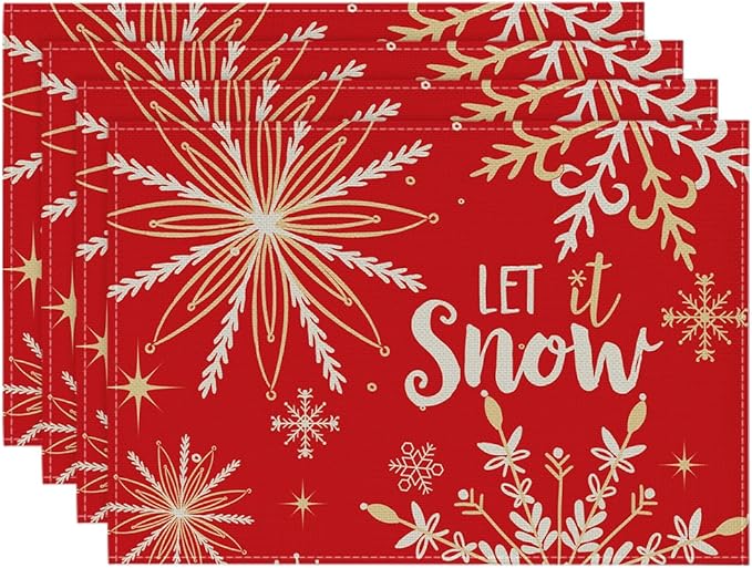 Artoid Mode Red Snowflake Let It Snow Winter Placemats for Dining Table, 12 x 18 Inch Seasonal Christmas Washable Table Mats Set of 4