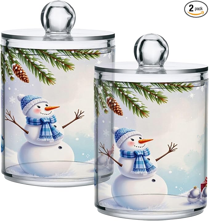 Gredecor Christmas Winter Qtip Holder Dispenser 2 Pack Snowman Snowflake Pine Cones Gifts Bathroom Decorative Storage Canister Holder Counter Vanity Organizer for Cotton Ball Swabs Pads Floss