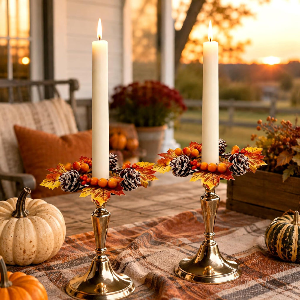 6 PCS Fall Taper Candle Rings 1.38" Mini Thanksgiving Taper Candle Holder Wreaths with Maple Leaves Pine Cones Berries Autumn Harvest Table Centerpieces Decor for Candlesticks Farmhouse Home Decor