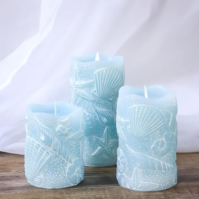 Silverstro Ocean Flameless Candles Remote Carved Seashell Real Wax Flicker Battery Operated Candles for Home Party Wedding Nautical Thanksgiving Christmas Easter Decor - Set of 3(Blue)