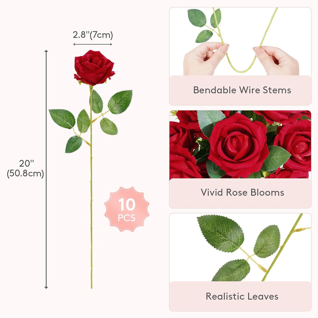 Lifewit 10 Pcs Red Artificial Roses Flowers in Bulk, Fake Long Stem Silk Roses for DIY Wedding Bouquets, Centerpieces Arrangements, Valentine Decorations