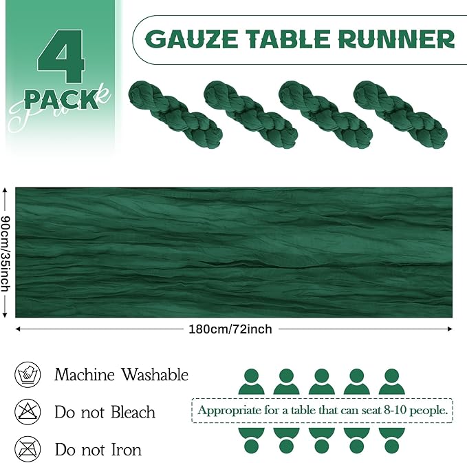 Aktor 4 Pack Emerald Green Table Runner Boho Cheesecloth Table Runner Semi Sheer Gauze Fabric Runners for Wedding Birthday Baby Shower Party Boho Table Decoration（Emerald Green）