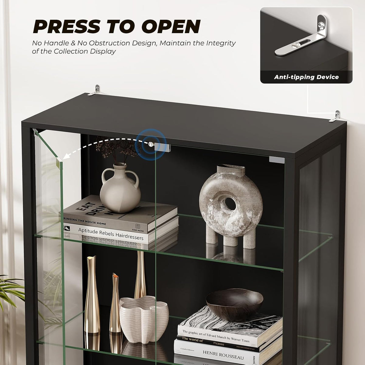 glass display cabinet, 5-tier display case with adjustable showing dimensions