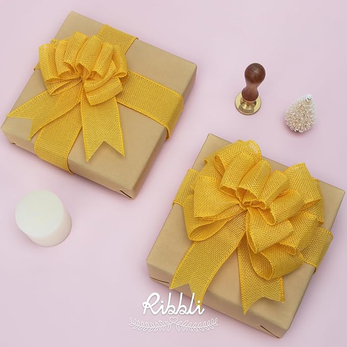 Ribbli Yellow Burlap Wired Ribbon,1-1/2 Inch x 10 Yard, Wired Edge Ribbon for Big Bow,Wreath,Tree Decoration,Outdoor Decoration
