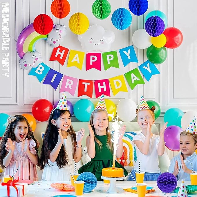 Colorful Rainbow Hanging Tissue Paper Honeycomb Balls Pride Party Decorations Pom Poms for Rainbow Sunshine Cloud Sun Themed Birthday Baby Shower Gender Reveal Wedding Party Décor