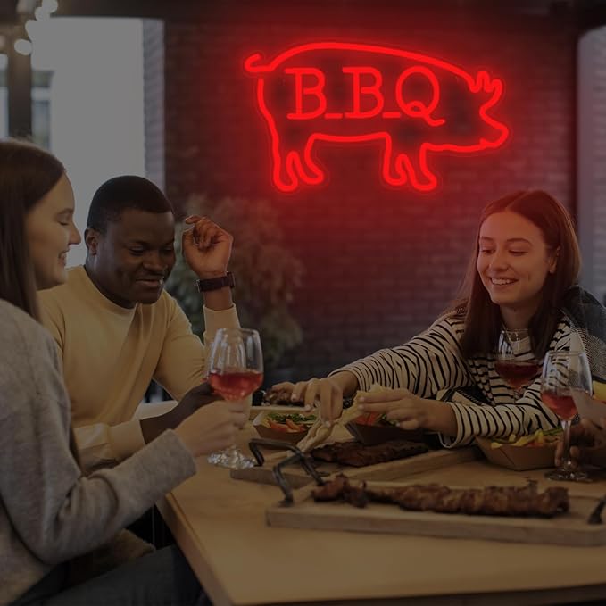 BBQ Pigs LED Neon Sign, Cute Pig LED Light for BBQ Restaraunt Frontstore Decoration, Versatile Wall Decor for Home, Bar, Party, 15.7"x9.1"
