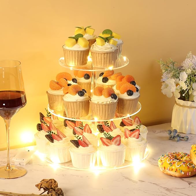 3 Tier Round Cupcake Stand Cupcake Holder, Acrylic Cupcake Tower with LED Yellow Light for 24 Cupcakes, Dessert Table Display Set for Birthday, Bar, Decor Weddings, Parties Events