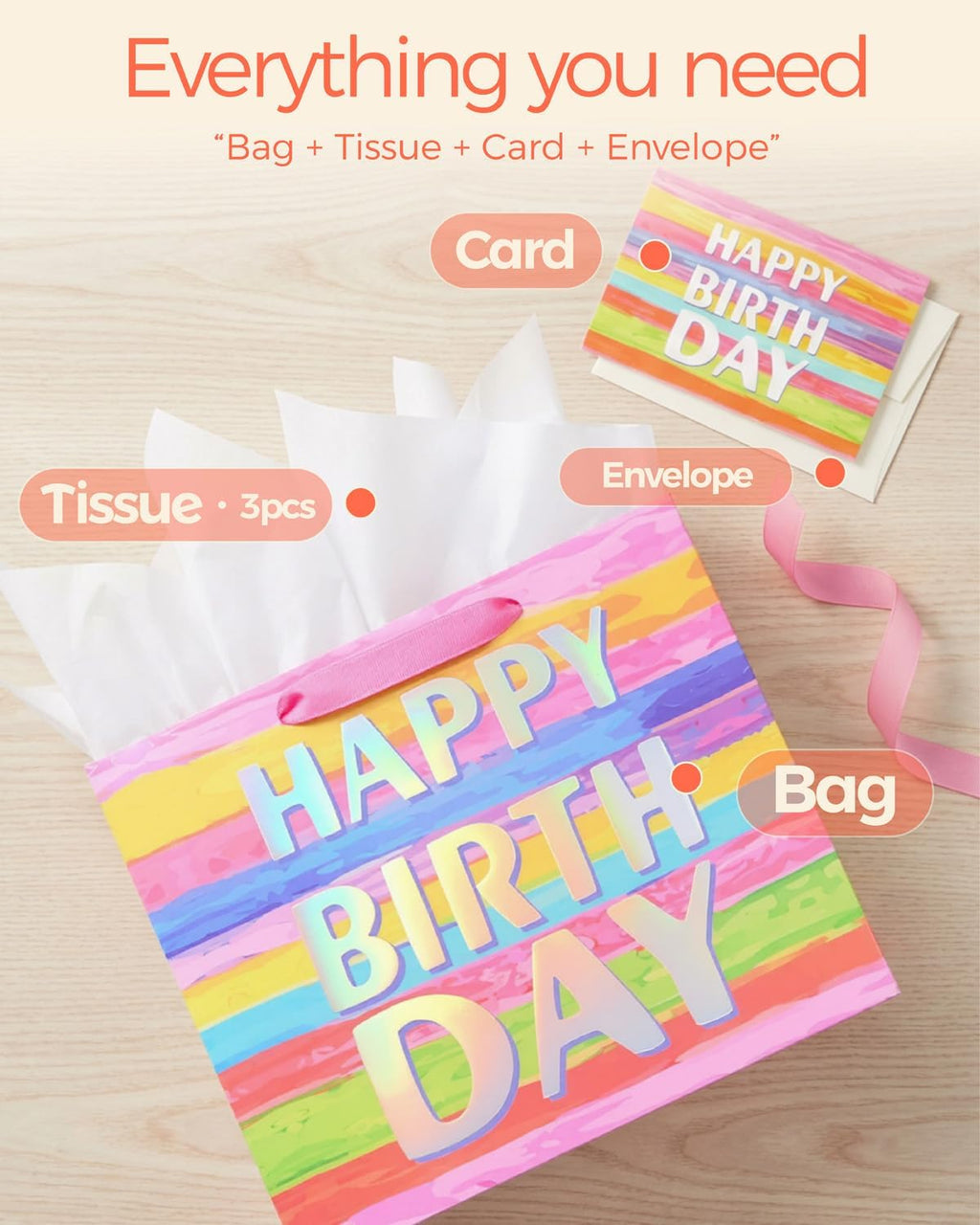 SUNCOLOR Large Happy Birthday Gift Bag with Tissue Paper & Card, 13 x 10.2 x 4.7 Inches Premium Paper Bag for Birthday, Kids', Women's & Mother's Gifts
