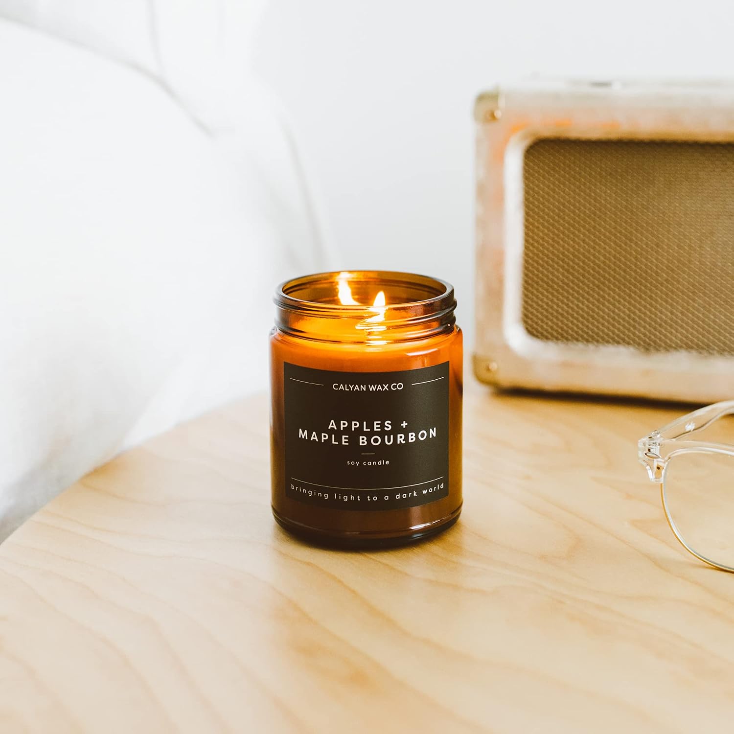Calyan Wax Co. Apples & Maple Bourbon Scented Candle - 57 Hour Burn - Luxury Clean Soy Wax Candles - Long Lasting Amber Glass Jar Candle for Home - 7.2oz