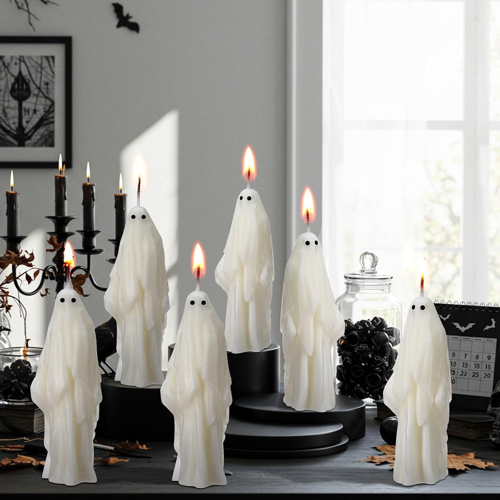 Syhood 6 Pcs Halloween Ghost Candles Gothic Spooky Ghost Taper Candles Soy Wax Gifts for Boo Basket Stuffers Halloween Room Table Indoor Decoration