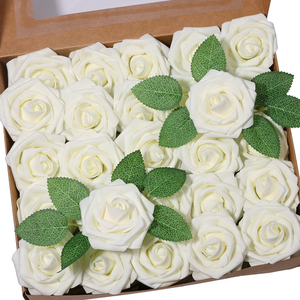 50pcs Artificial Flower，Real Touch Foam Roses w/Stem DIY for Wedding Bouquet Centerpieces Party Shower Home Decor-Ivory