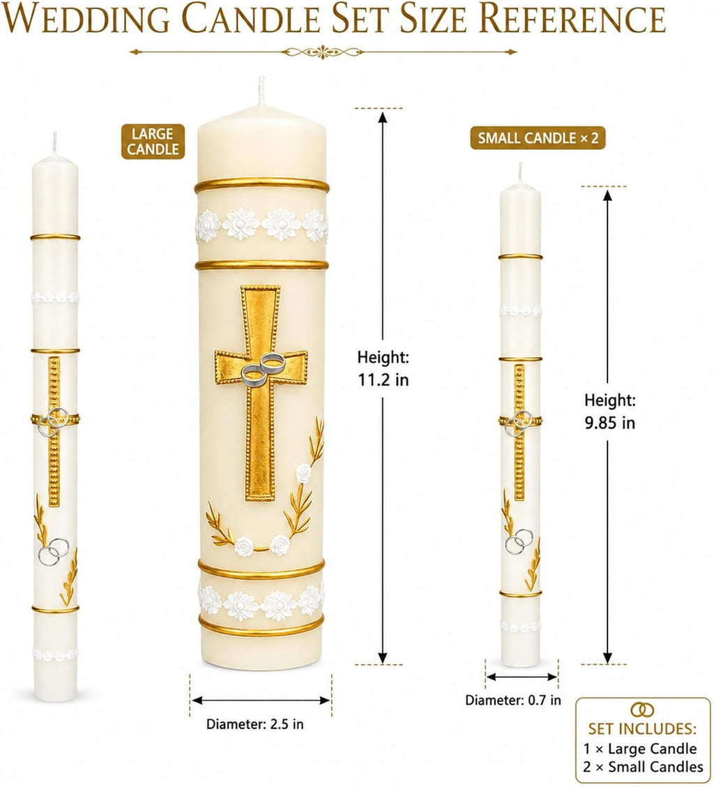 Unity Candles for Wedding Ceremony Set,Wedding Candles 1 Pillar 11.5 Inch and 2 Taper 10 Inch Set 3,Catholic Religious Ceremony Accessories,Velas para Boda (Cross & Rings)