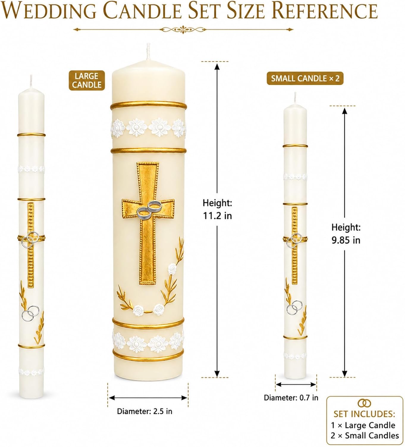 Unity Candles for Wedding Ceremony Set,Wedding Candles 1 Pillar 11.5 Inch and 2 Taper 10 Inch Set 3,Catholic Religious Ceremony Accessories,Velas para Boda (Cross & Rings)