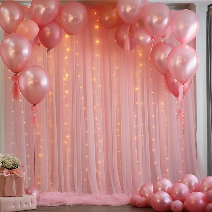 20×10ft Dusty Rose Tulle Backdrop Curtain with Lights String for Parties, Sheer Curtain Backdrop Drapes for Wedding Party Home Decorations