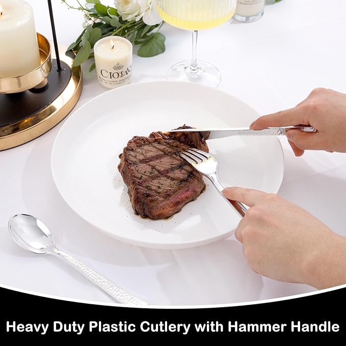 Supernal 180 pieces Silver Plastic Silverware, Disposable Plastic Silverware Heavy Duty, Silver Disposable Cutlery Sets Include 60 Forks, 60 Knives and 60 Spoons Suitable for Birthday, Party, Wedding