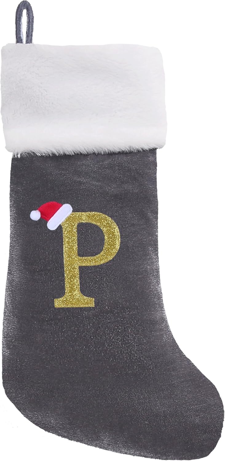 20 Inches Monogram Christmas Stockings with Letters Large Super Soft Christmas Stockings, Grey Velvet with White Plush Cuff Embroidered Xmas Stocking for Christmas Family Decor Letter P