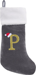 20 Inches Monogram Christmas Stockings with Letters Large Super Soft Christmas Stockings, Grey Velvet with White Plush Cuff Embroidered Xmas Stocking for Christmas Family Decor Letter P