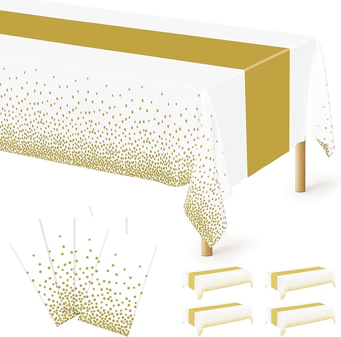 4Pack Disposable Plastic Table Cloths for Parties, 54" x 108" White and Gold Rectangle Table Covers, Waterproof Tablecloth for Rectangle Tables Suitable for New Years Eve Thanksgiving Wedding Supplies