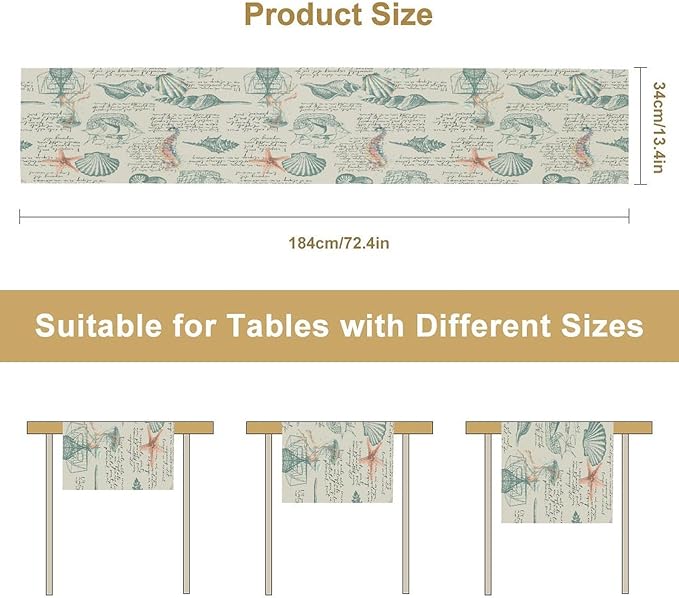 Starfish Table Runner,Seashells Beach Coastal Nautical Sailboat Jellyfish Vintage Hand Drawn Burlap for Hotel Indoors Outdoor Dining Room Kitchen Table Decor, 13x36in