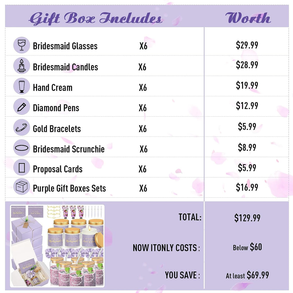 Teenyyou 60 Pcs Bridesmaid Proposal Gifts Bridesmaid Box Set, Maid of Honor Gifts Include Box Glass Cup Candle Cards Hair Ties Knotted Bracelets Hand Cream Diamond Pens (Purple)
