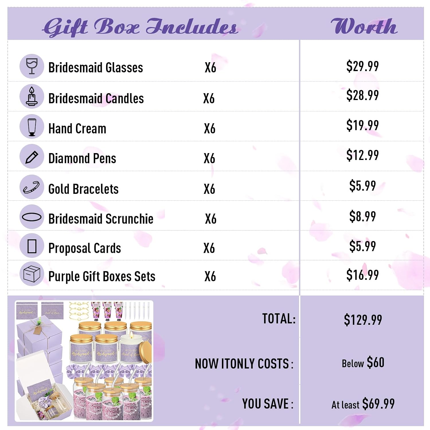 Teenyyou 60 Pcs Bridesmaid Proposal Gifts Bridesmaid Box Set, Maid of Honor Gifts Include Box Glass Cup Candle Cards Hair Ties Knotted Bracelets Hand Cream Diamond Pens (Purple)