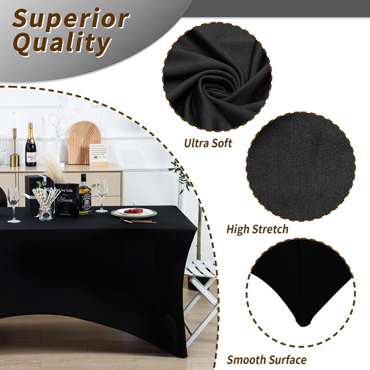 Fixwal 10 Pack 6FT Black Tablecloth Rectangle Spandex Fitted Table Cover