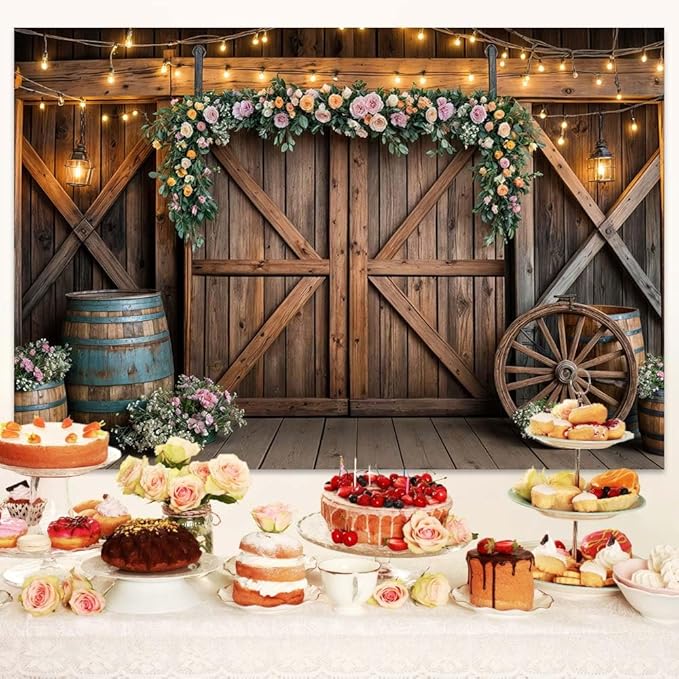 20x10ft Country Wedding Photography Backdrop Rustic Barn Door Photography Backdrop Farmhouse Pink Flower Cabin Wooden Birthday Baby Shower Wedding Bridal Party Banner Photo Booth Props Background