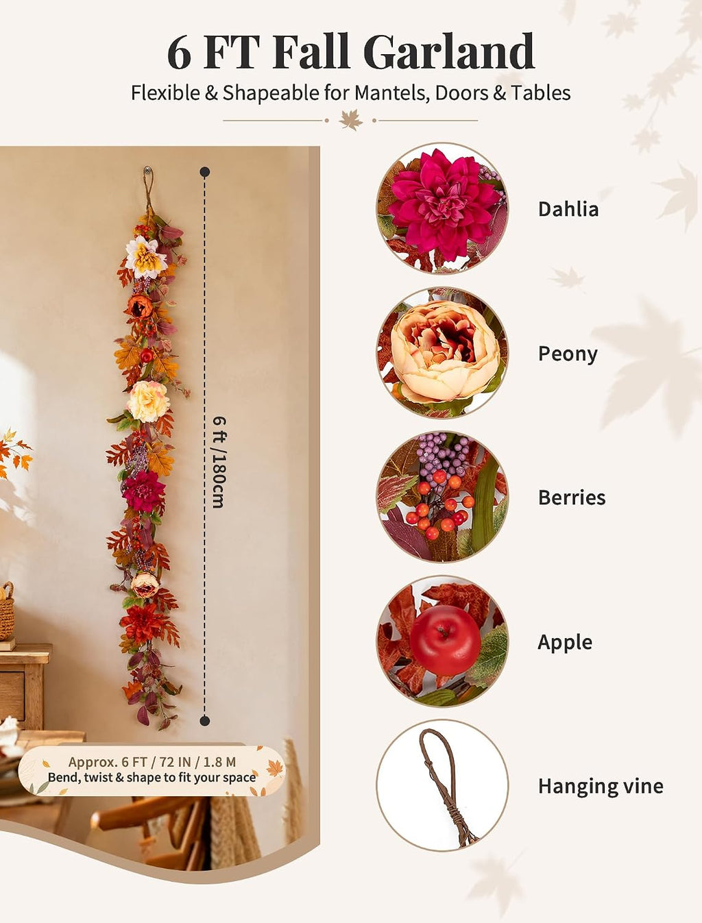 nuptio 6ft fall garland for mantle: fall decor showing dimensions