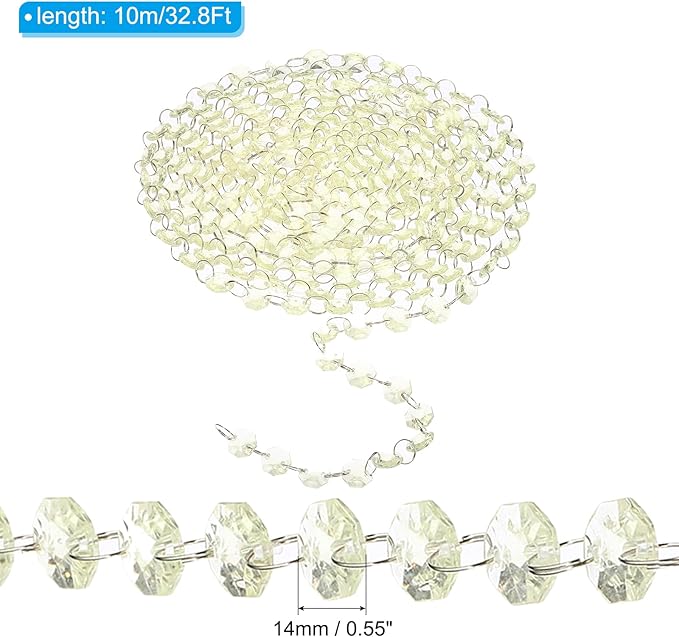 PATIKIL 14 mm Crystal Garland Strands, 32.8 Ft Acrylic Octagon Chandelier Bead Chains String for DIY Craft Wedding Party Home Decorative Jewelry Making, Champagne