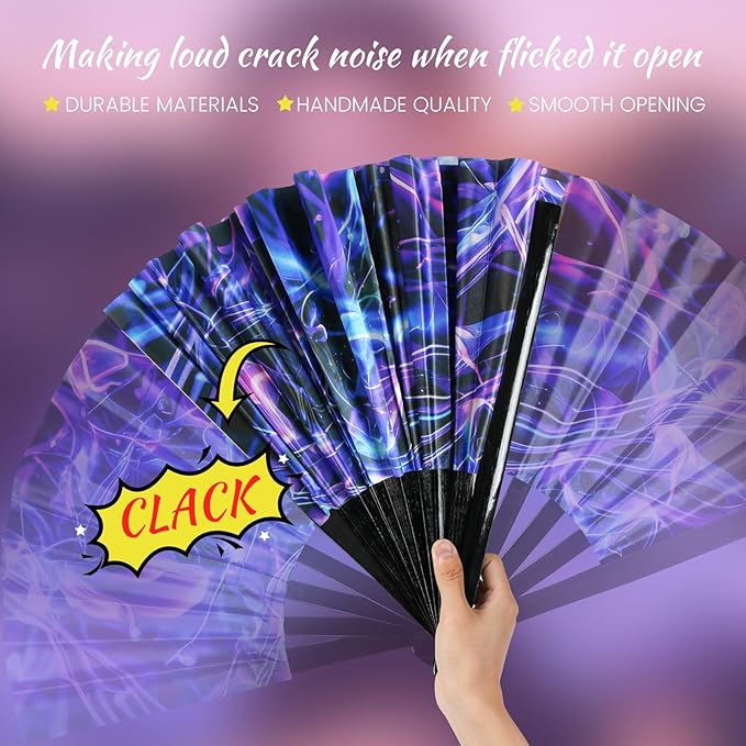 SYNTECSO Folding Hand Fan for Rave, Popping Fan for Line Dancing, Drag Queen, Women and Men Gift，Chinese Japanese UV Glow Clack Fan for Parties, Music Festivals, EDM and Decoration