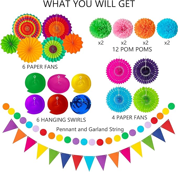 32Pcs Cinco De Mayo Decorations Fiesta Party Decorations Multi-Color Paper Fans Garlands Pennant Pom Poms Hanging Swirls For Birthday Wedding Rainbow Mexican Party