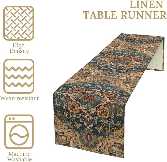 Boho Bohemia Style Table Runner, Country Rustic Farmhouse Vintahe Colorful Geometry Print Table Runner for Home Kitchen Dinner Party Holiday Decor, 13x70inch