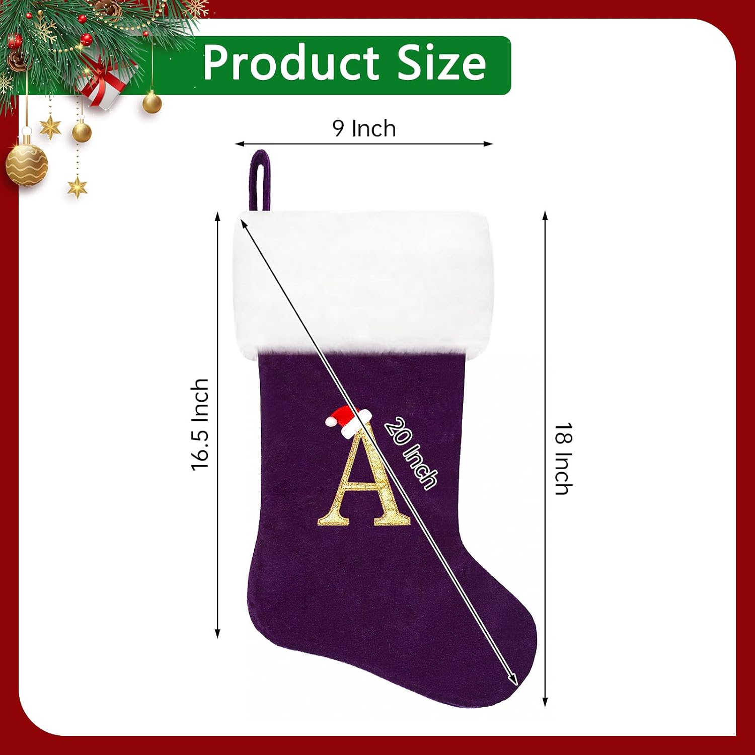 20 Inches Monogram Christmas Stockings, Purple Velvet with White Super Soft Plush Cuff Embroidered Letter Christmas Stocking, Personalized Xmas Stocking for Xmas Tree Holiday Fireplace Family Decor（K）