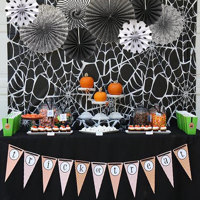 Party Hanging Paper Fans Set, Black Round Pattern Paper Garlands Decoration for Birthday Wedding Graduation Events Accessories, Set of 6