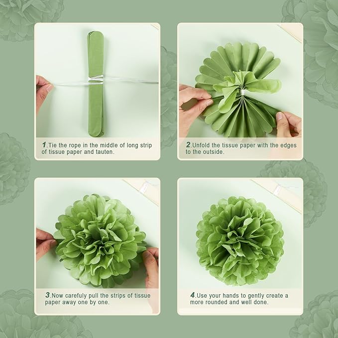 Sage Green Tissue Paper Pom Pom Flowers Decorations 15 PCS Olive Green Paper Flowers for Wall Hanging Backdrop Neutral Baby Shower Wedding Party Supplies Birthday Bridal Decor Table Centerpieces