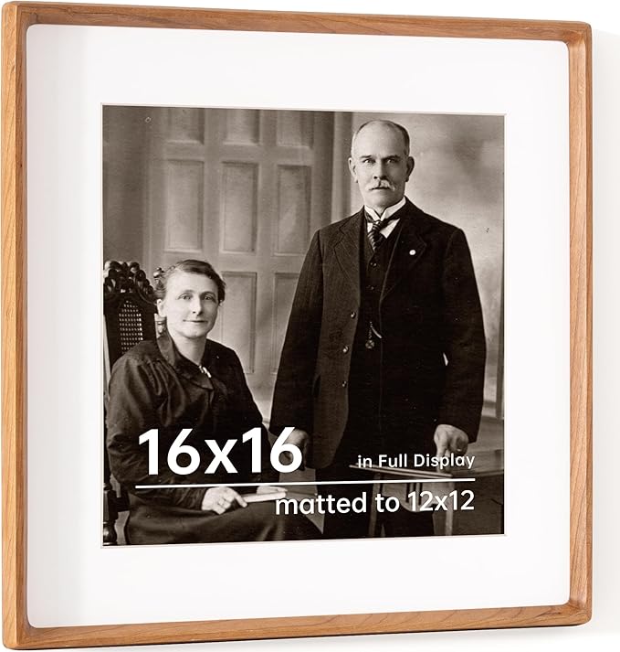 16x16 Picture Frame USA-Sourced Natural Cherry Wood Solid Original Wood Photo Frame Rounded Corner with Mat to 12x12 Picture Display with Real Glass Family, Wedding Picture, Photo, Certificate