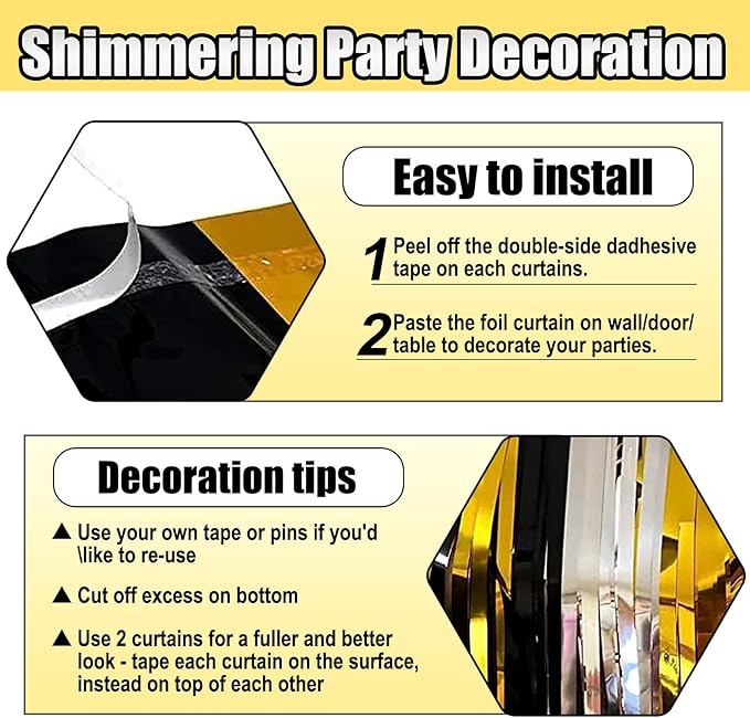 6 Pack Black Gold Silver Foil Fringe Curtain Backdrop, 3.28Ft x 8.2Ft Metallic Tinsel Foil Fringe Streamer Curtains for Photo Booth, Birthday, Wedding, New Year Party Decorations