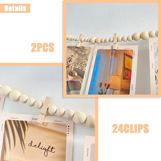 Hanging Photo Display With 12 Clips, Wooden Bead Garland 2PCS, Boho Style Collage Photo Frame Decoration for Dorms, Classrooms, Bedrooms