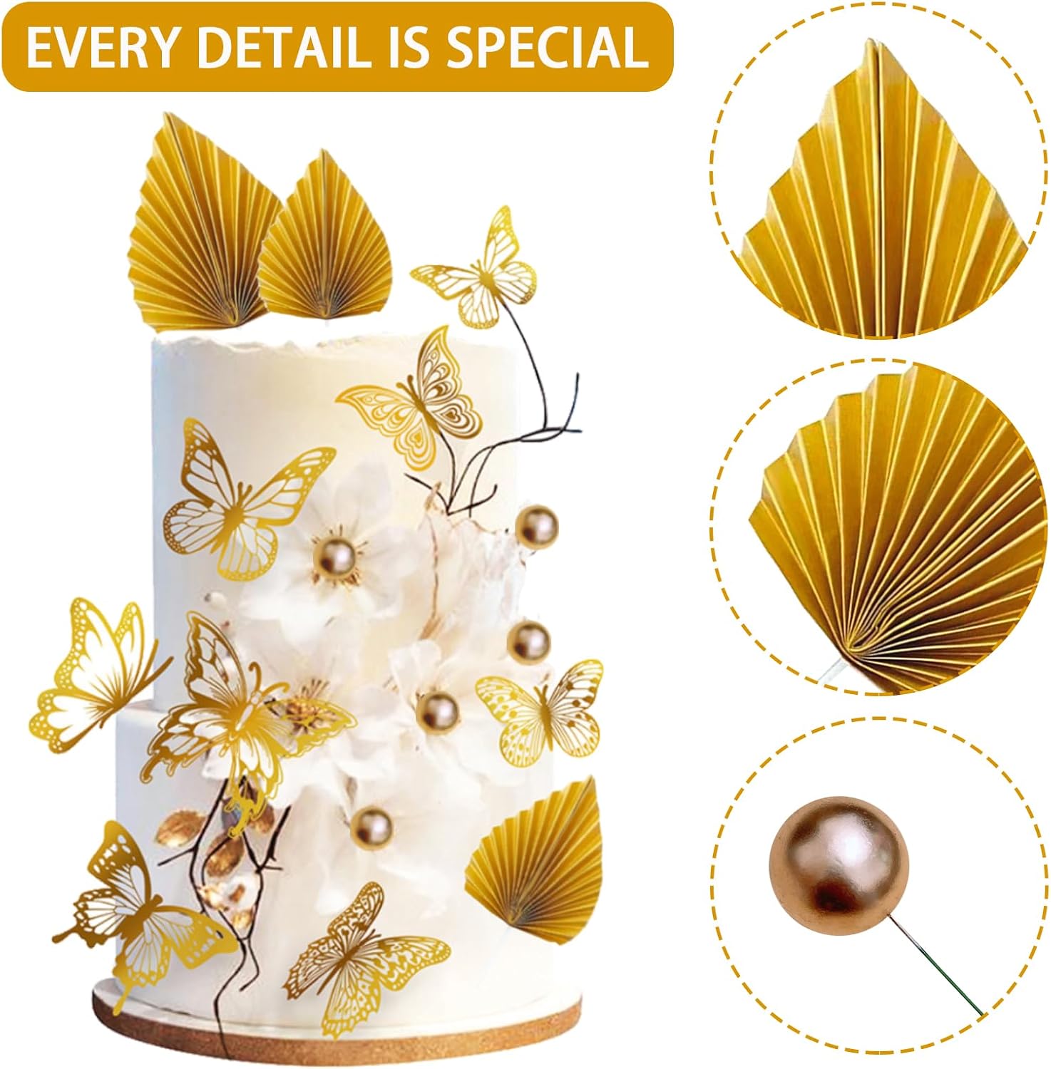 42-Piece Cake Topper Kit: 4 Palm Leaf Fan, 20 Decorating Balls, 18 Butterfly Decor, Gold, Perfect for Birthdays, Anniversaries, Weddings, Christmas